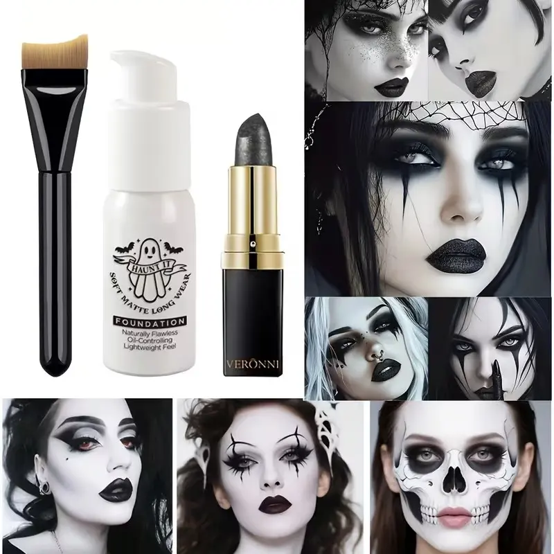 Halloween Makeup Set, Foundation + Lipstick + Brush, Gothic Vampire Costume, Perfect for Parties, Cosplay, Photography, Beauty Sets
