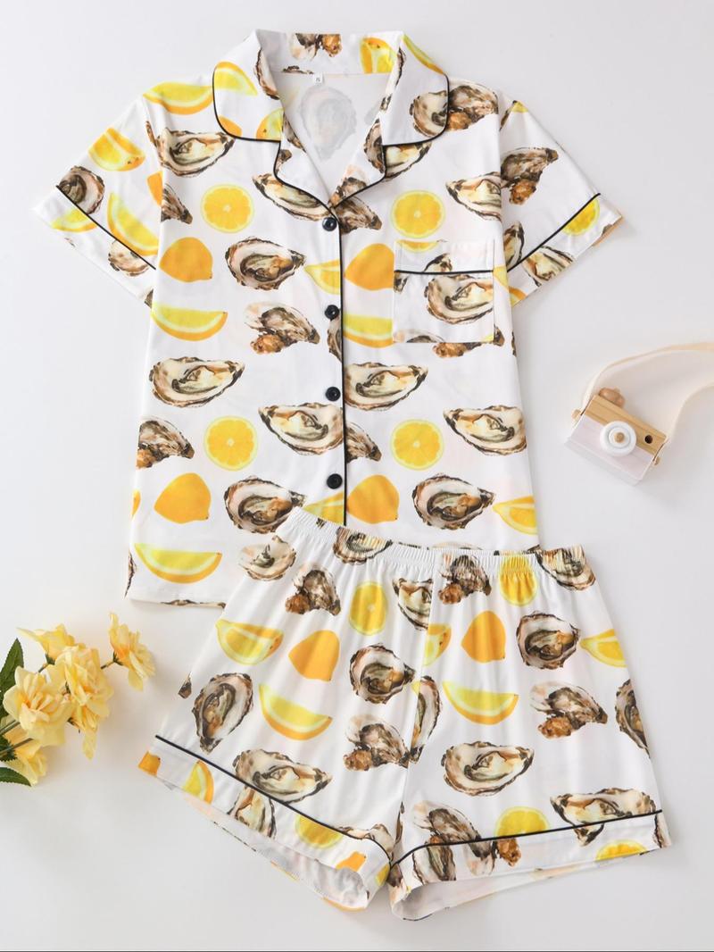 Women's All Over Print Shirt & Shorts Pyjama Two-piece Set, Casual Comfy Short Sleeve Top & Shorts Set, Ladies Sleepwear for All Seasons, Shorts Pj Set