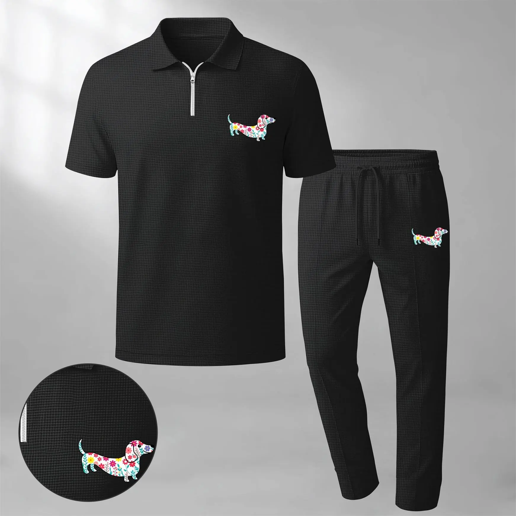 Men’s Dachshund Dog Graphic Waffle Knit Polo Shirt and Pants Set, Short Sleeve Zip Collar Polo Top with Drawstring Trousers, Casual Two Piece Outfit, Lightweight Breathable Streetwear Matching Set for Daily Wear, Travel and Summer Fashion
