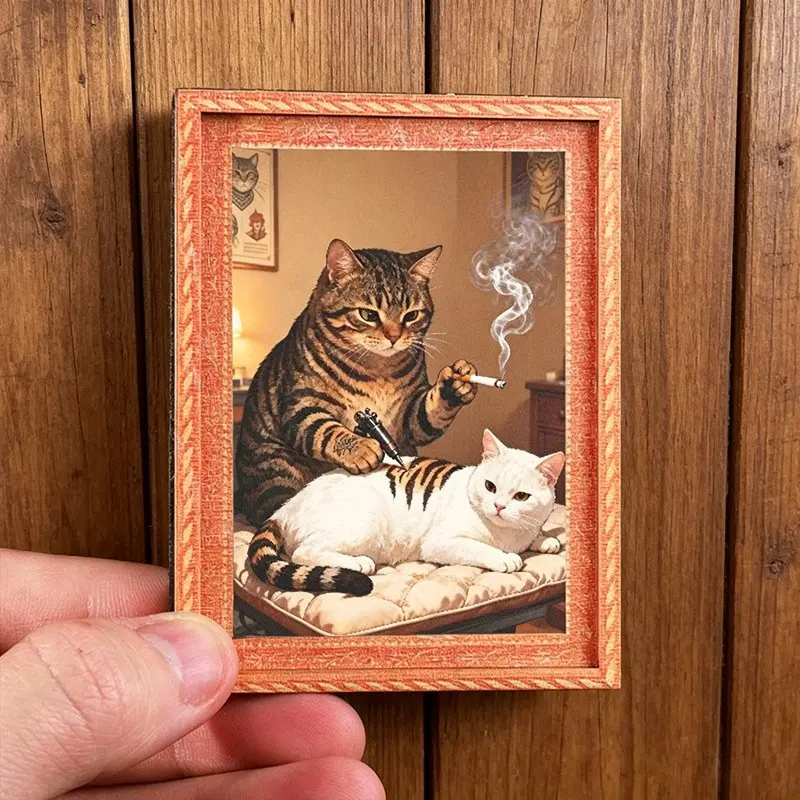 Cute Cat Oil Painting Wooden Frame Magnet, Vintage Magnetic Decor Sticker, cute magnets for fridge, Kitchen Classroom DIY Home Decoration, Magnetic Item