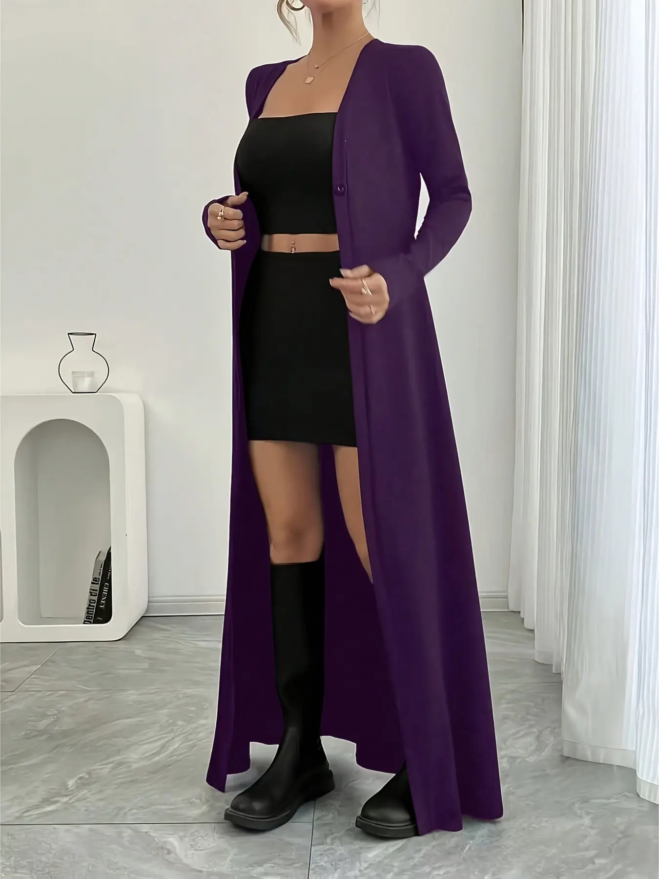New Spring Autumn Pure Color Long Sleeve Long Button Front Knitwear Cardigan, Slim Fit Casual Commuter Top for Women, Trendy Daily Wear Upper Garment, Cardigan Sweaters, Casual Fashionable Top