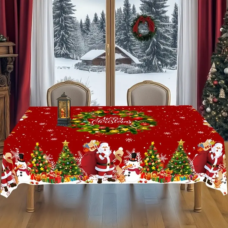 Christmas Rectangular Tablecloth, Santa Snowman Tree Pattern, Polyester, Kitchen Dining, Holiday Decor, Festival Table Setting