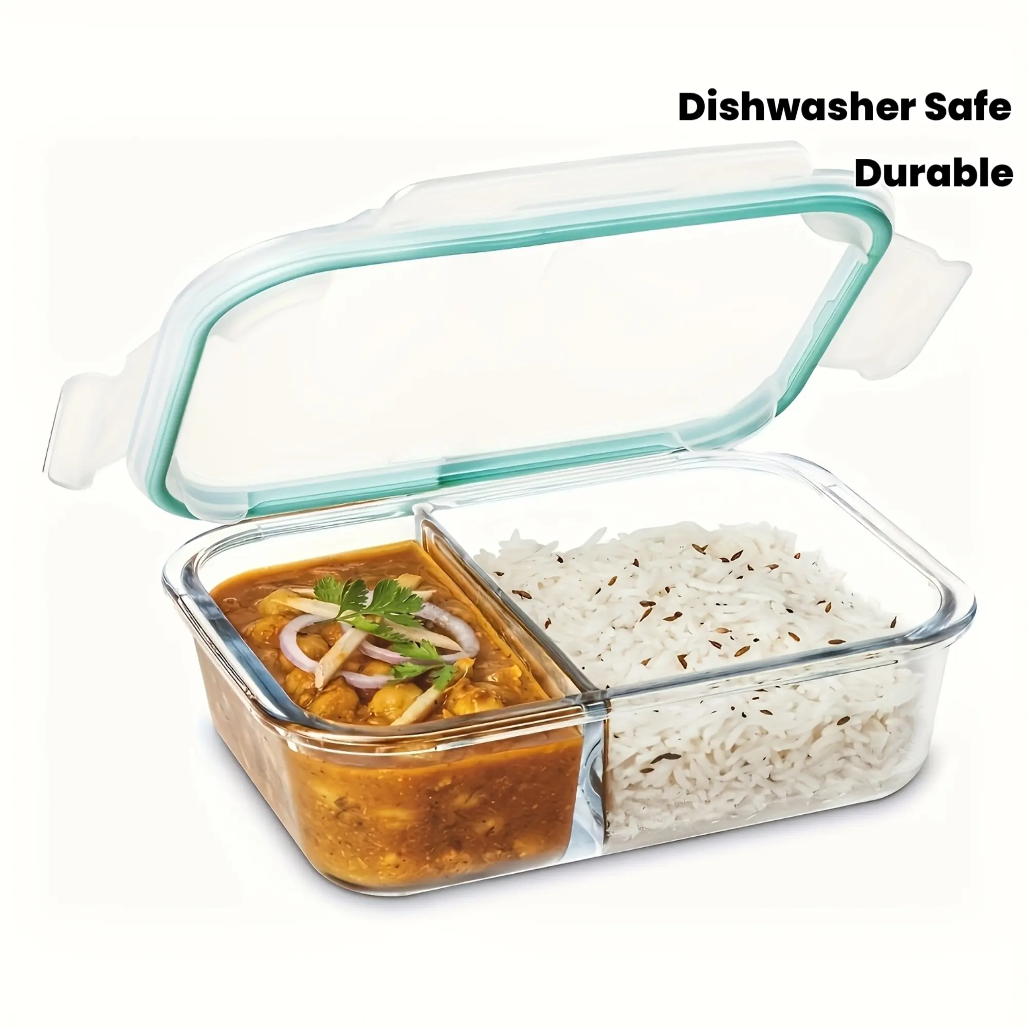 2-Compartment Glass Meal Prep Container with Snap Lock Lid - Durable Dishwasher-Safe Glass Food Storage Container, Rectangular Portion Control Container Suitable for Oven and Freezer, Ideal for Weight Management, Kitchenware, Food Storage Boxes