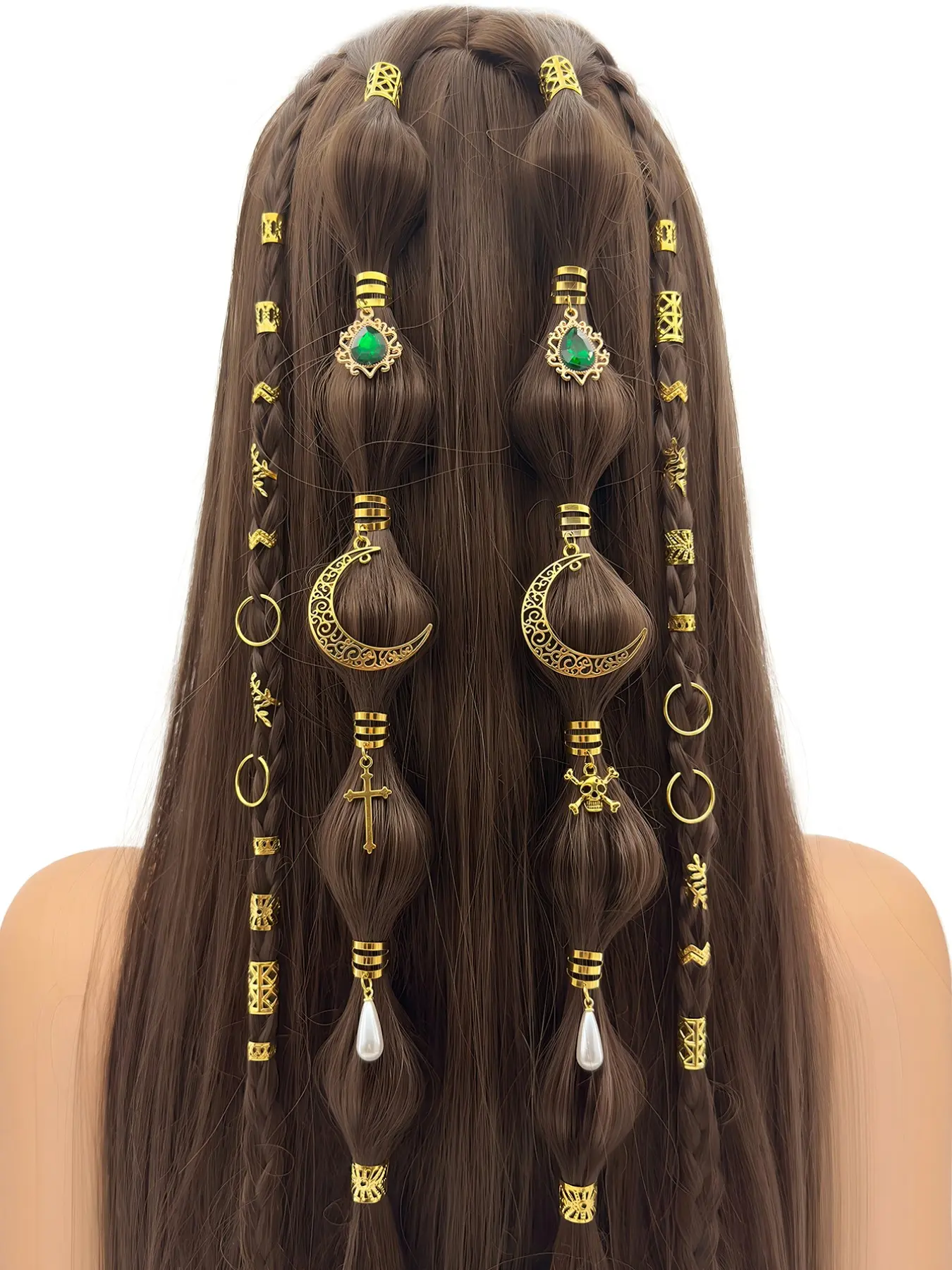 118pcs Hair Clips Hair Barrettes Cross and Skull, Pearl Rhinestone, Gothic Multi-Style Cuffs for Dreadlocks, Halloween Hair Rings
