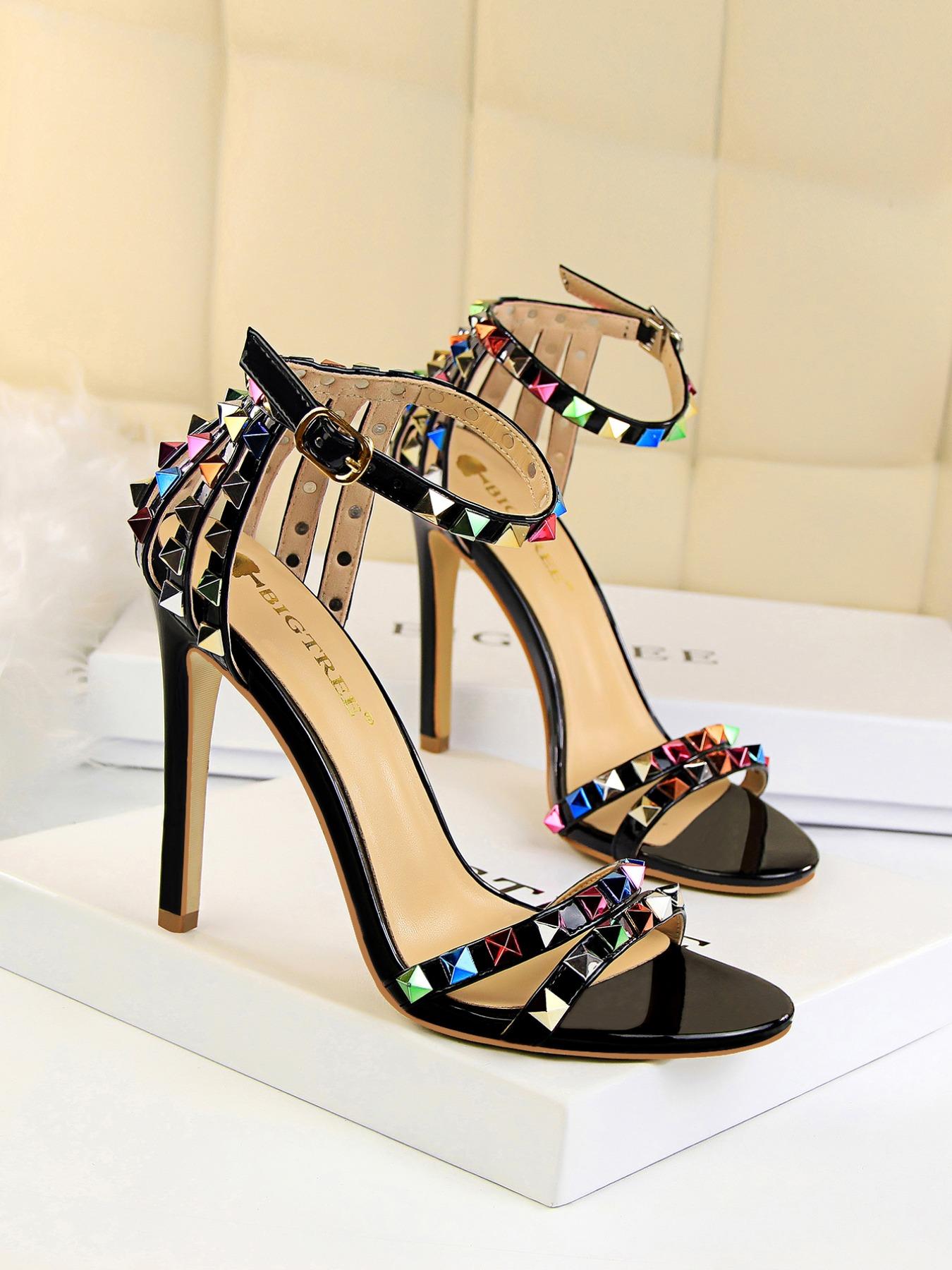 Women's Fashionable Studded Decor Stiletto Heels, Valentine's Gifts for Her, Elegant Heeled Sandals for Party, Banquet, Fashionable Shoes for Daily Wear, Strapy Sandal