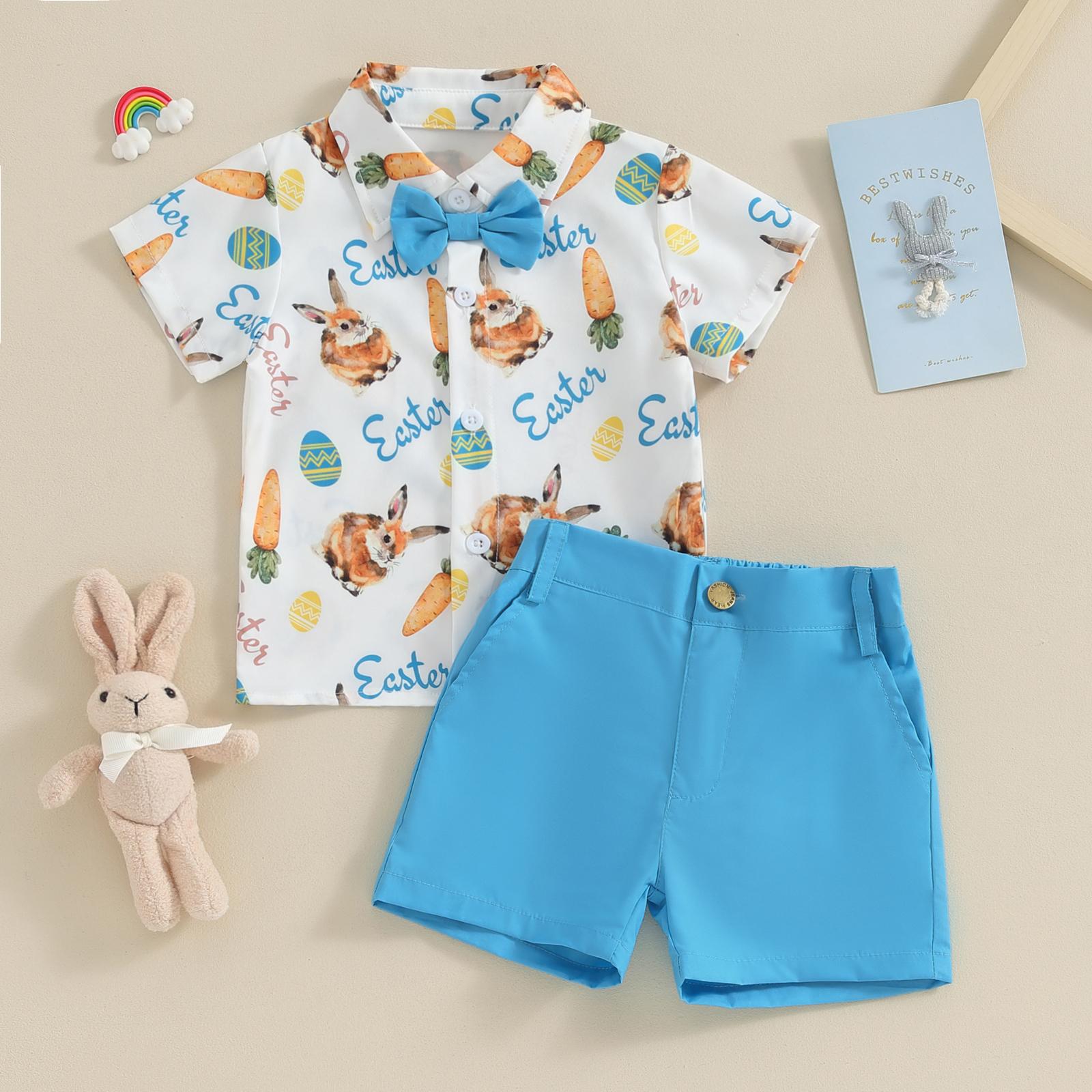 Babamoon Toddler Baby Boy Easter Outfits Carrot Rabbit Print Short Sleeve Button Down Shirt Top Solid Shorts Set Summer  2Pcs Clothes