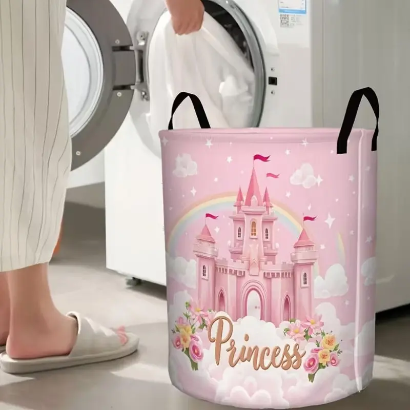 A Pink Castle-Themed Laundry Basket with a Dreamy Design – a Foldable Storage Solution Suitable for Organizing Clothes And Home Items, Featuring Handles, Perfect for Decorating Bathrooms Or Bedrooms, an Ideal Home Decor Piece, Laundry Baskets