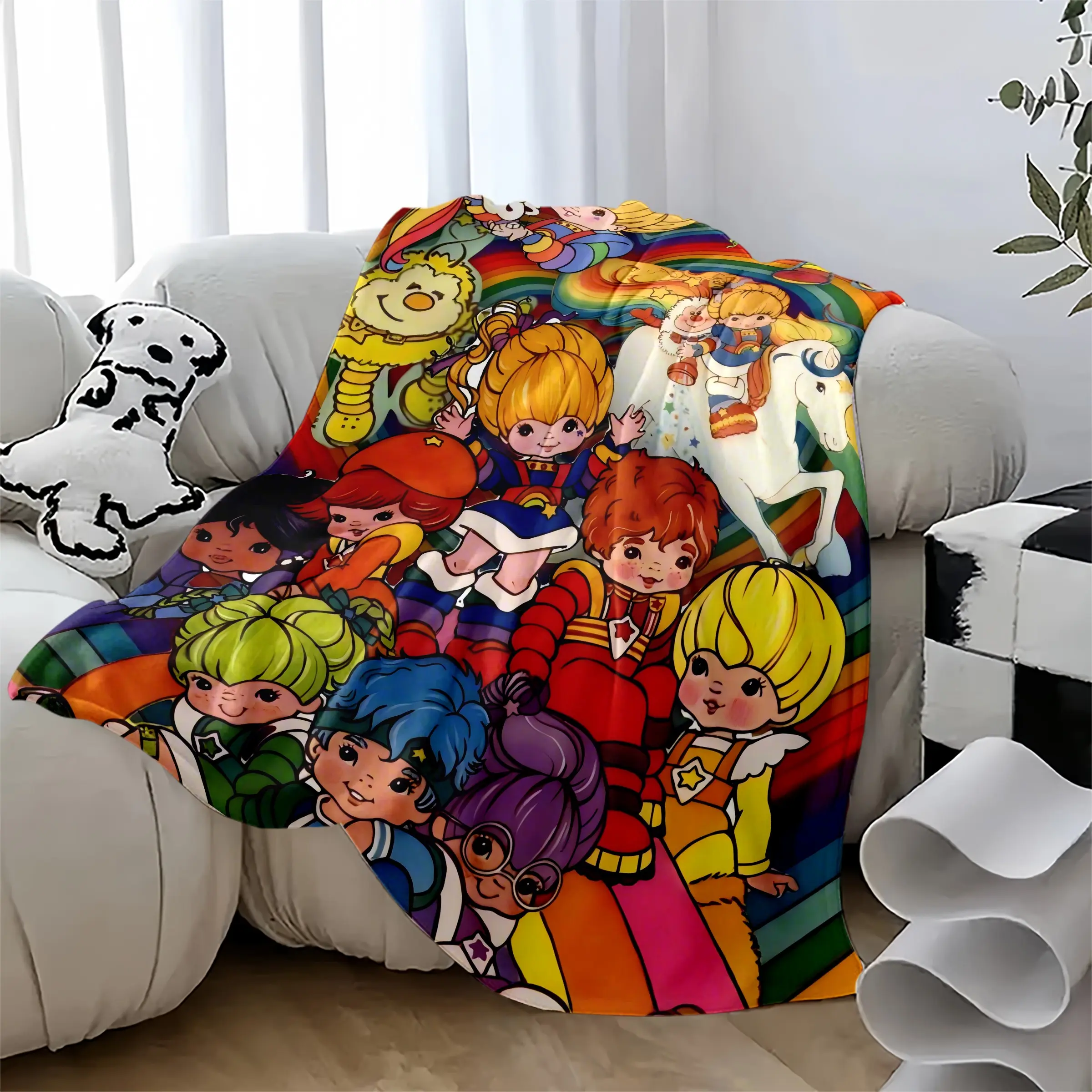 Vintage 80s Rainbow Girl Fleece Blanket, Colorful Retro Cartoon Characters, Soft Flannel Throw, Nostalgic 1980s Decor Gift