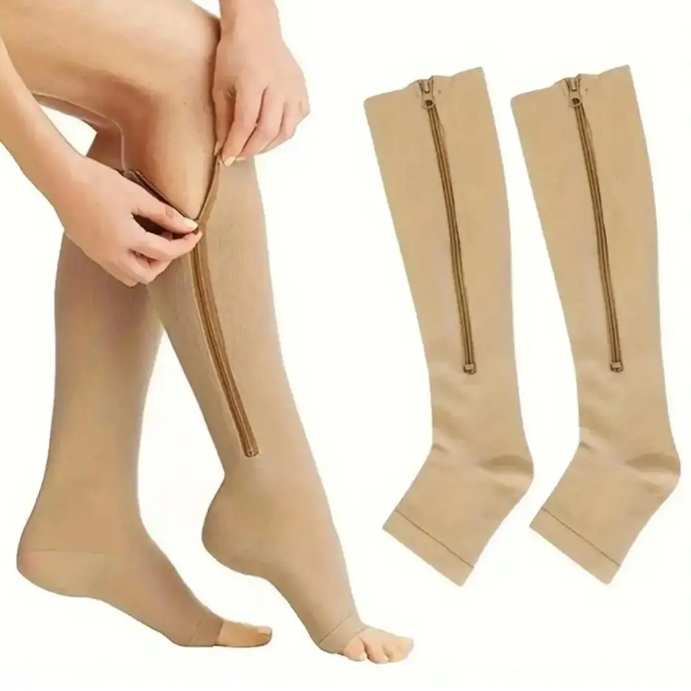 Solid Nylon Compression Socks with Easy-On Zipper, Unisex Knee-High Support for Running, Gym & Circulation, Compression Athletic Socks, Gym Socks