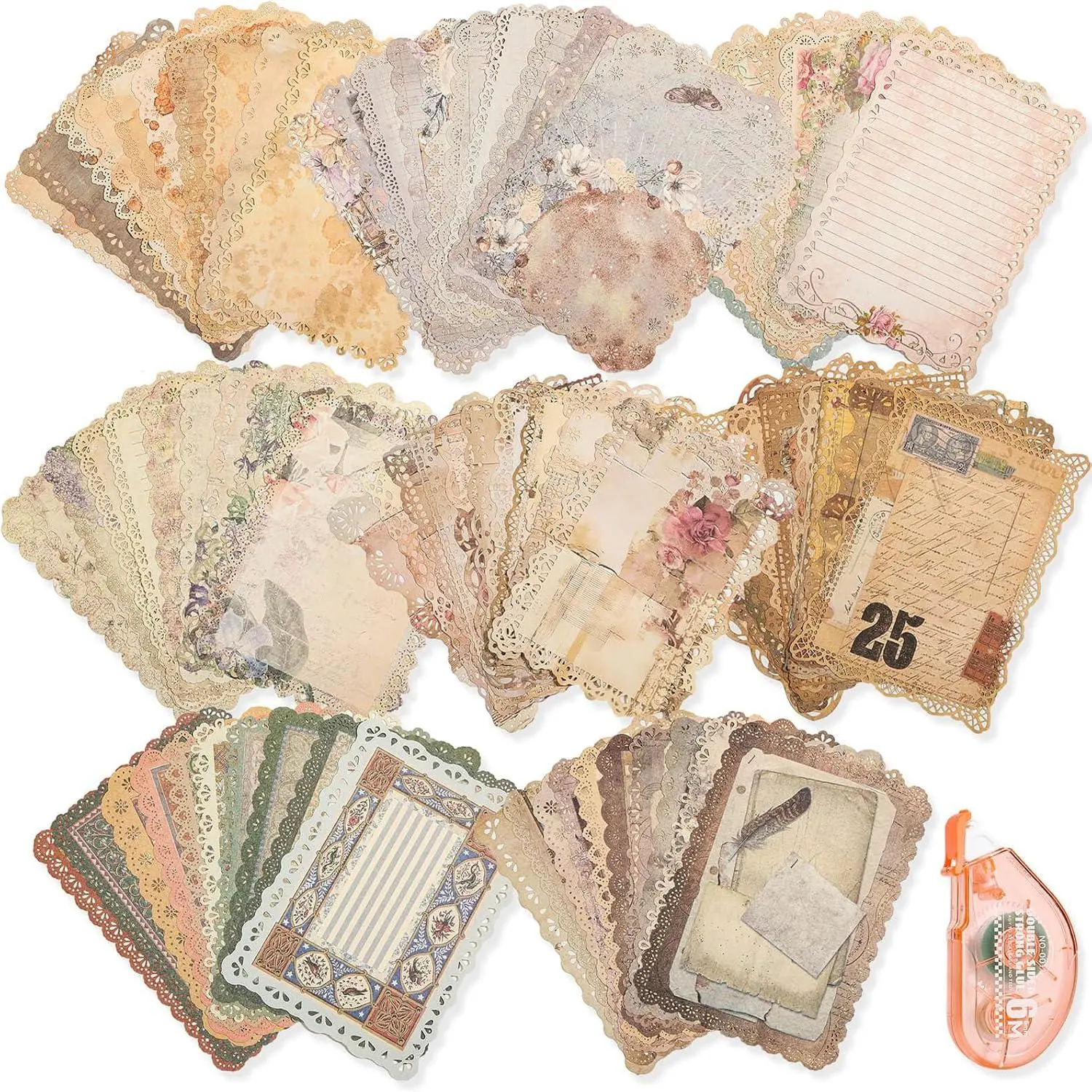 Scrapbook Supplies, 80 Sheets Lace Edged Scrapbook Stationery Paper with Double Sided Tape Roller for Junk Journal Making, Decoupage and Card Crafts, 4.9x6.9 Inches