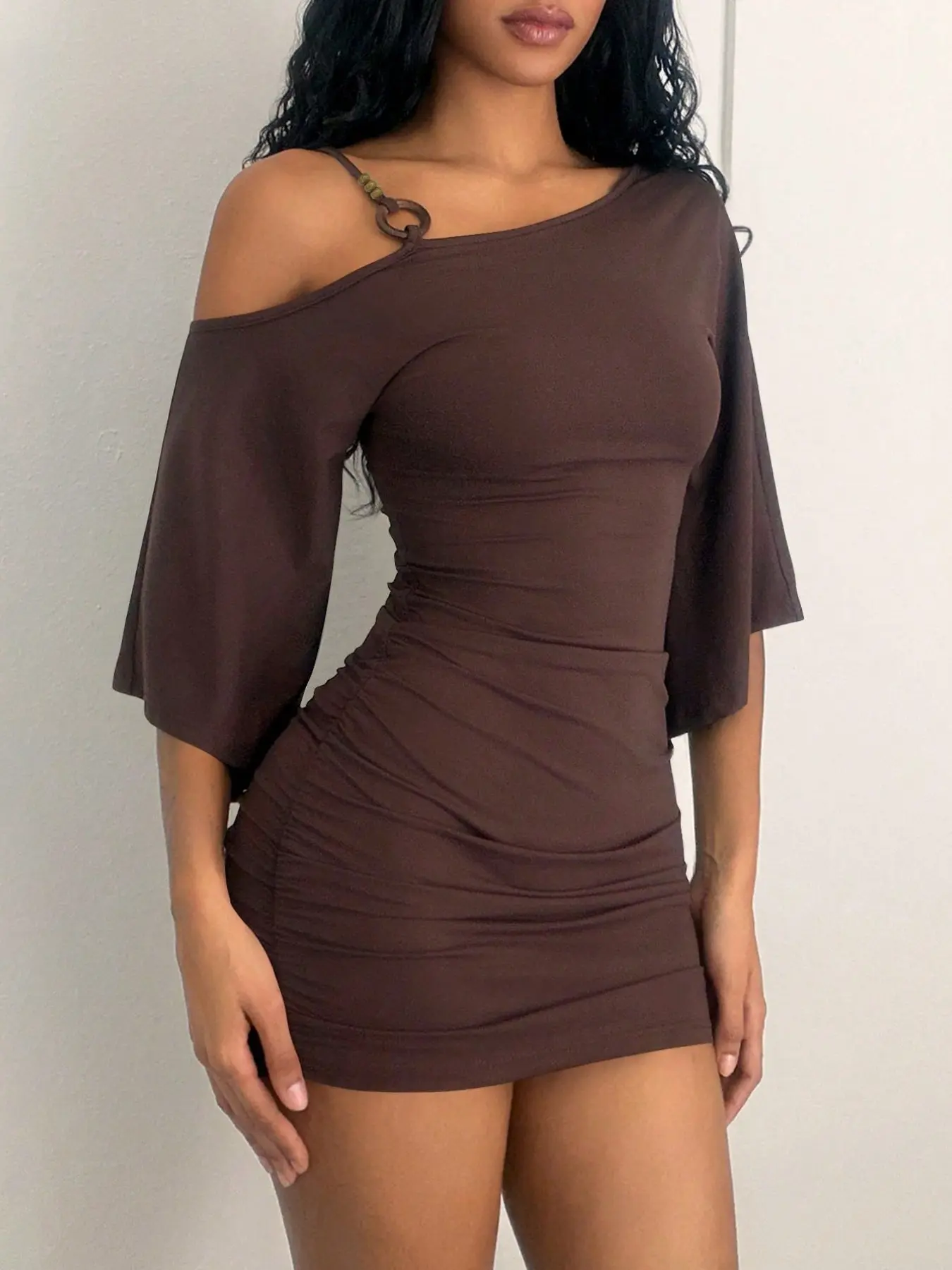 Women's American Style Ring Buckle Strap Dress, Flared Mid-Sleeve Side Pleated Bodycon Casual Chic Dress, for Daily Street Wear and Dates