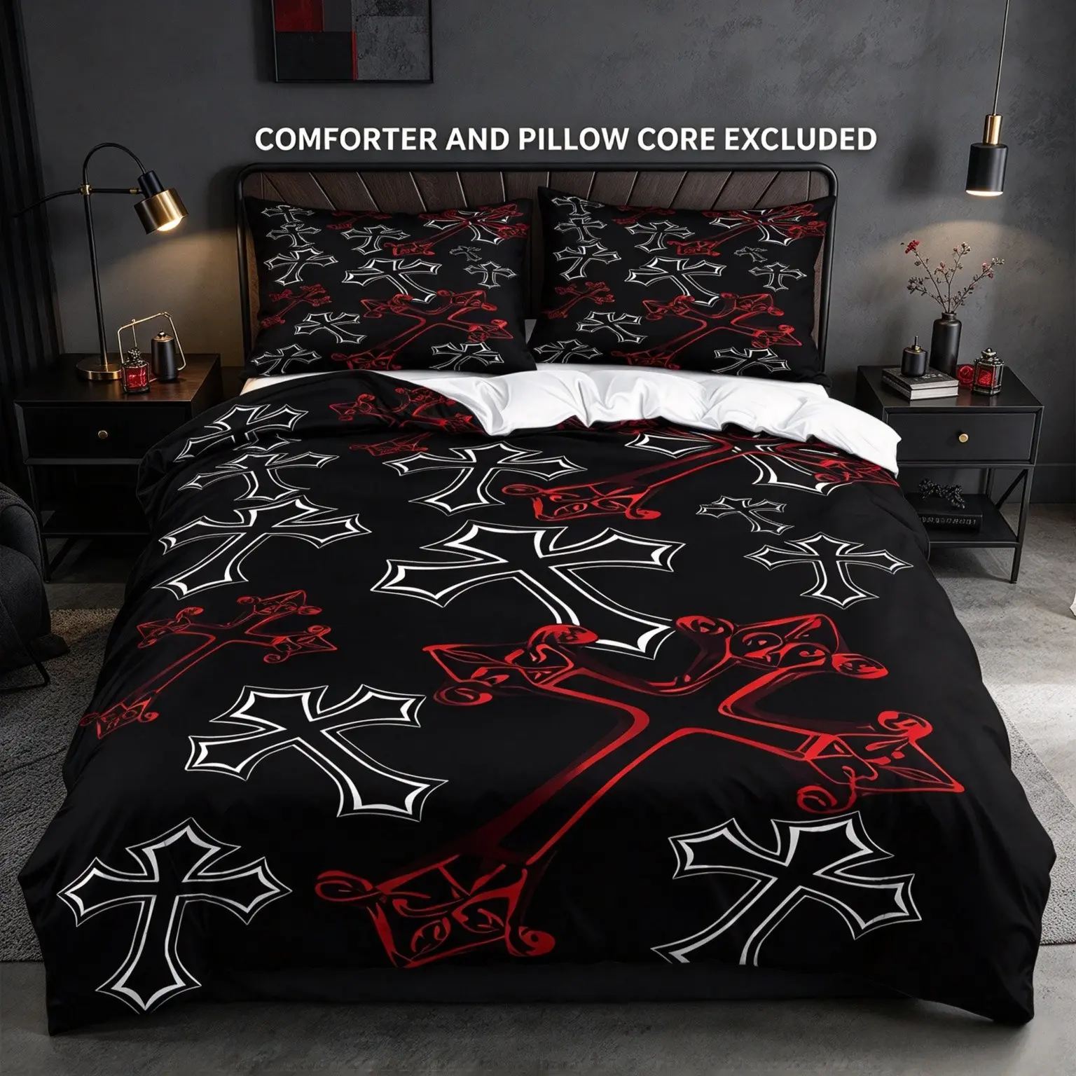 Gothic Cross Print Duvet Cover Set, 1 Duvet Cover and 2 Pillowcases, No Comforter or Pillow Inserts. Y2K Punk Retro Bedroom Decor, Soft Lightweight Fabric, Great For Teens and Adults’ Bedrooms and Dorm Decor