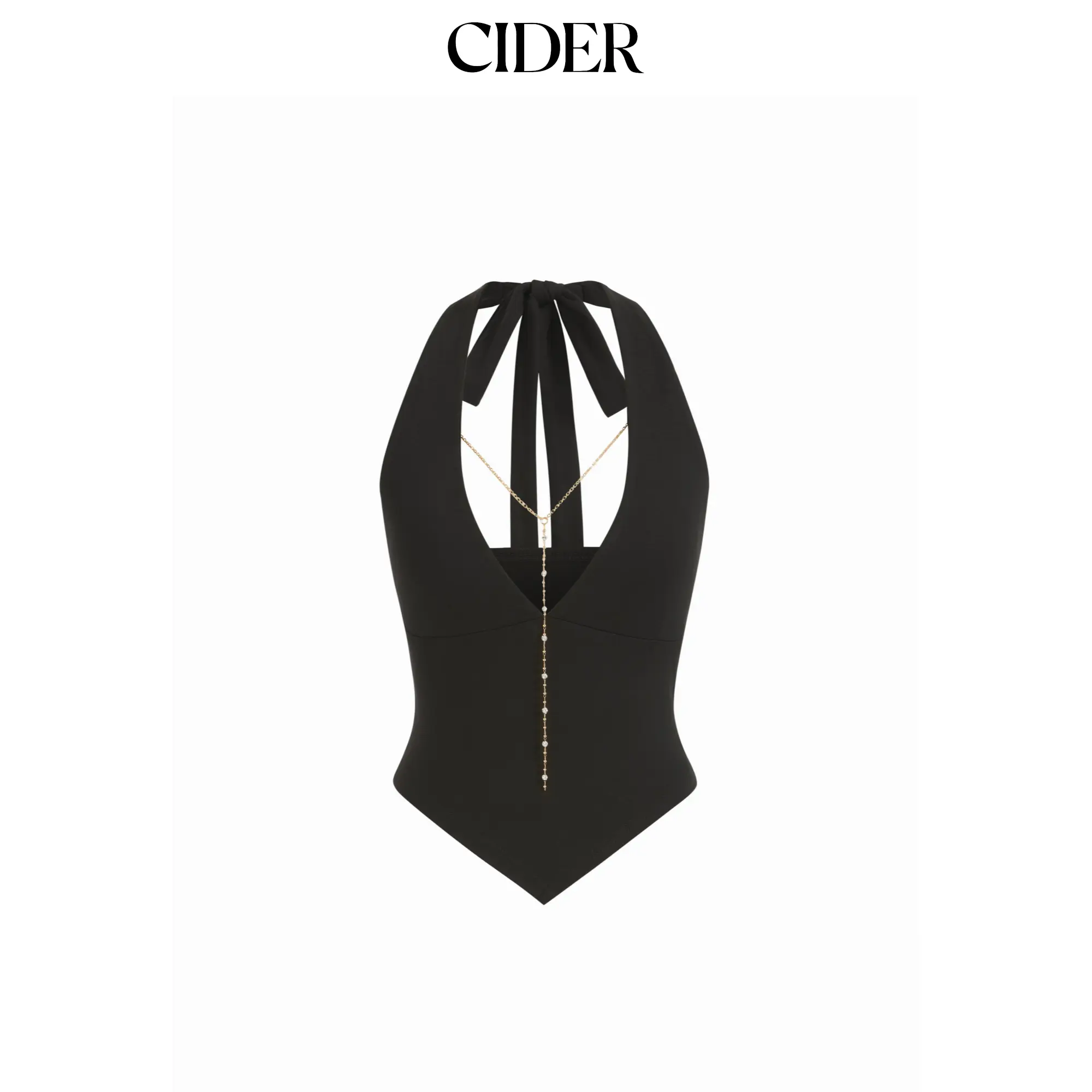 Cider High Stretch Halter Neckline Chain Detail Asymmetrical Hem Crop Top SummerWins SummerFinds