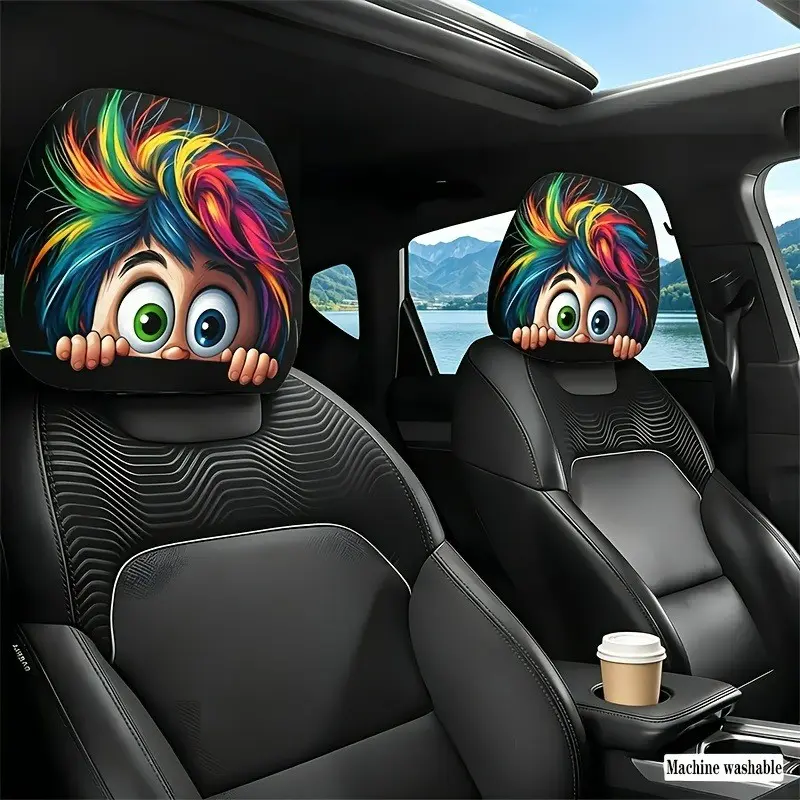 2-Pack Colorful Spike Large Eye Plaid Car Headrest Covers, Easy Install and Clean, Automotive Interior Decor, Travel Friendly