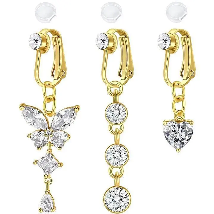 Women's Fake Piercing Bead-Breath Clip-On Belly Button Rings, Sparkling Crystal Butterfly & Heart Body Jewelry Accessory, Ideal for Parties & Gifting, Body Jewelry Set (Sports & Outdoor Protective Gear Accessory)