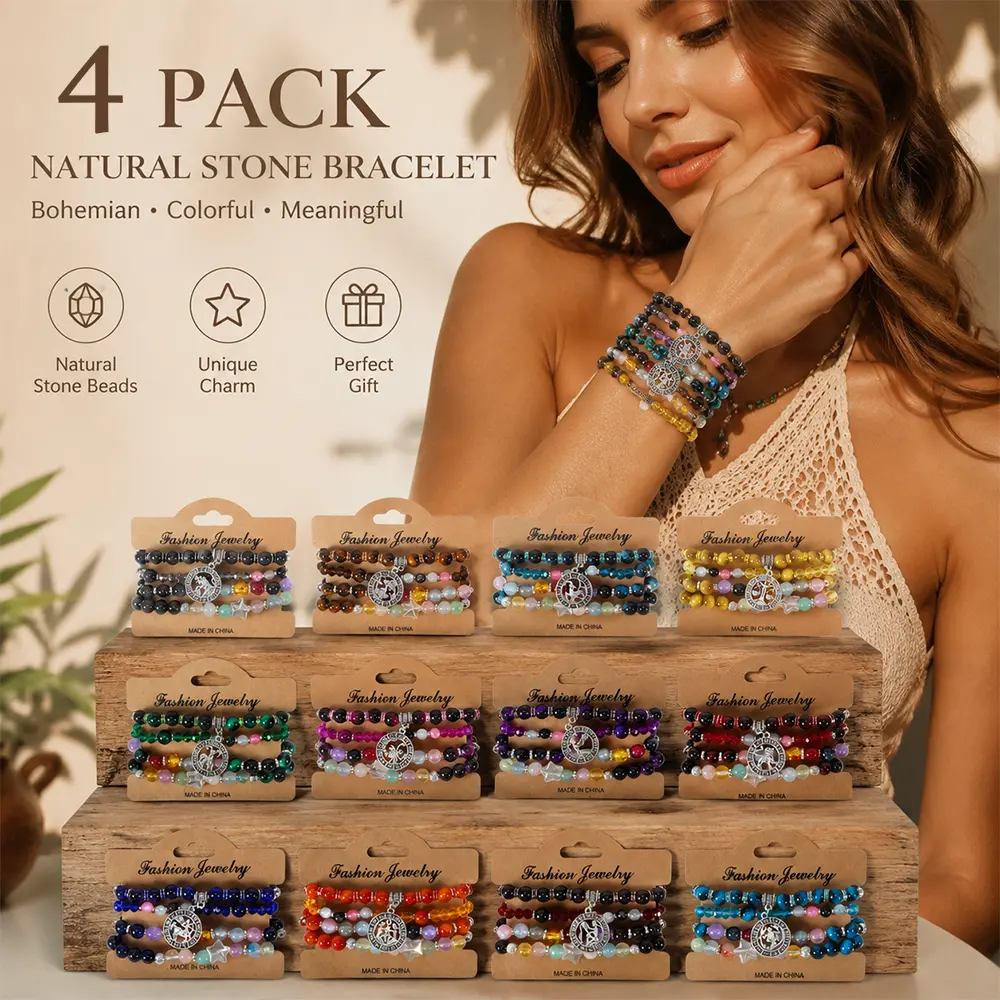 4pcs Natural Stone Beads Bracelets for Women Men,12 Constellations Healing Crystal Stone Beads Bracelet Birthday Zodiac Gifts Horoscope Spiritual Jewelry Bracelet Handmade Healing Stone Bracelets