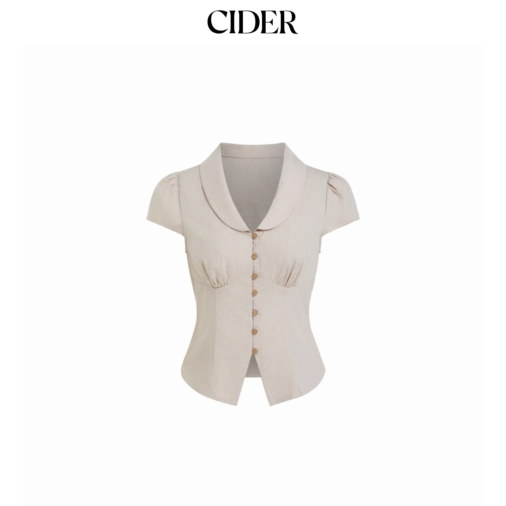 Cider 100% Cotton Notched Collar Puff Sleeve Ruched Button Through Blouse