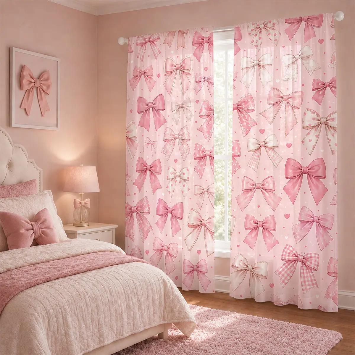 2-piece set, pink bow printed curtains for girls' princess rooms, polyester bedroom curtains with pole bags, sweet and romantic home decoration, living room bay window decoration, room soft furniture, Art Style Curtains, curtains and textiles