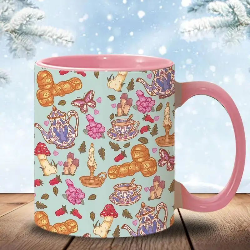 15oz Cottagecore Mushrooms Pattern Funny Ceramic Coffee Mug - Sturdy, Lead-Free Safe, Glossy Finish, Microwave Ok, Ergonomic Black C-Handle, Reusable Washable Daily Use Drinkware