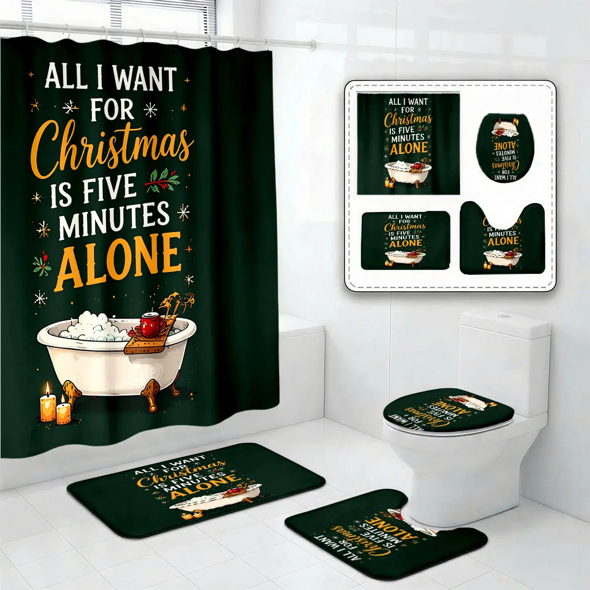 All I Want for Christmas Is Five Minutes Alone Shower Curtain Set – Festive Bathroom Decor with Vintage Tub, Candles & Holiday Typography, Cozy Xmas Escape for Stressed Adults & Humor-Loving Homebodies