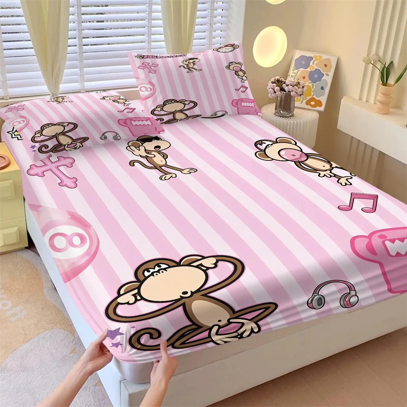 Pink White Stripe Cartoon Monkey Cross Fitted Sheet Set, Includes 2 Pillowcases, Y2K Cool Headphone Music Star Print Bedding All Size, Soft Anti-Pilling Fabric, E-Girl Teen Bedroom Decor, Trendy Fashion Lover Gift