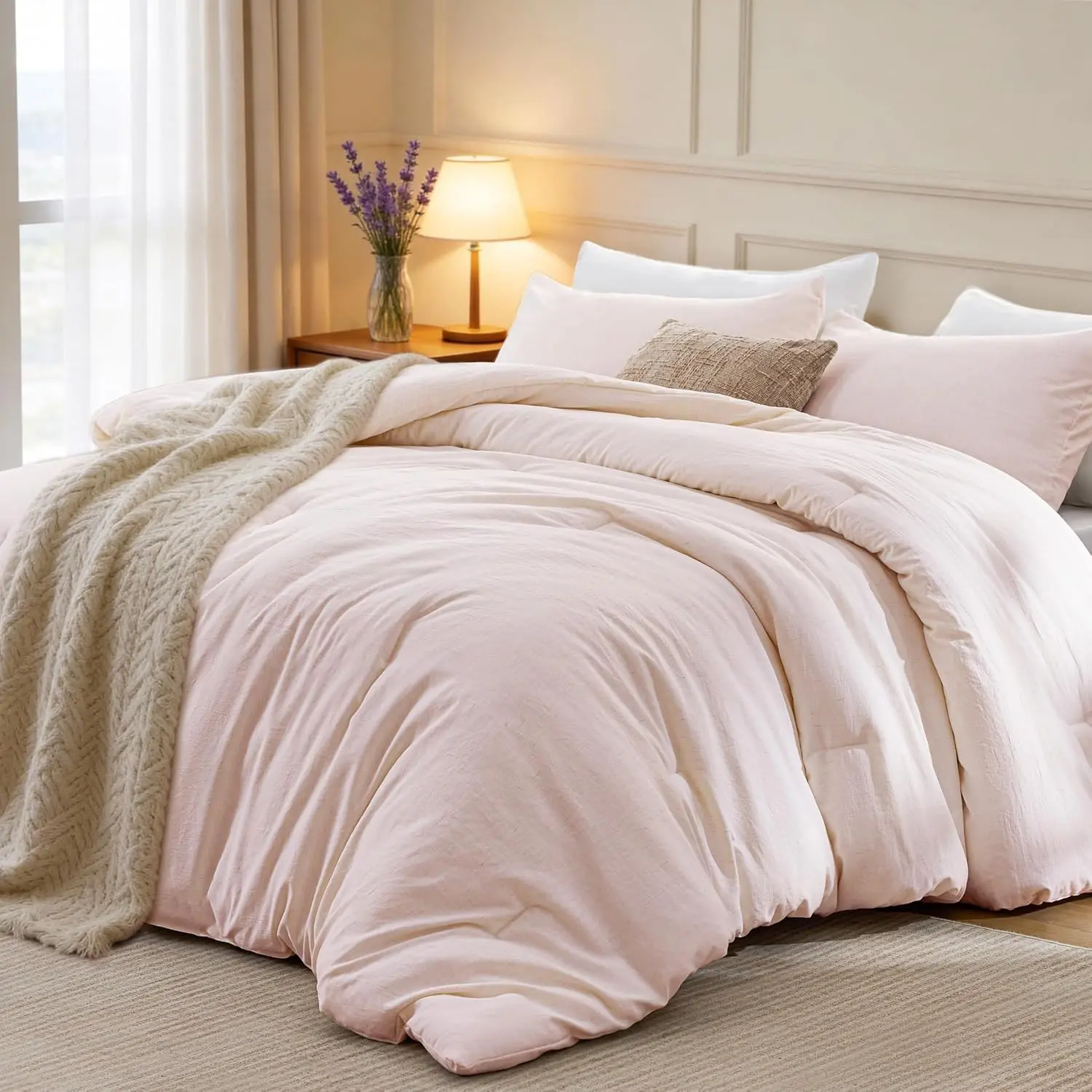 Twin/Twin XL Comforter Set Pink, 2-Piece 90% Polyester 10% Linen Blend Bedding Set, Linen-Look Textured Stripe, Down Alternative All-Season Comforter with Pillow Sham