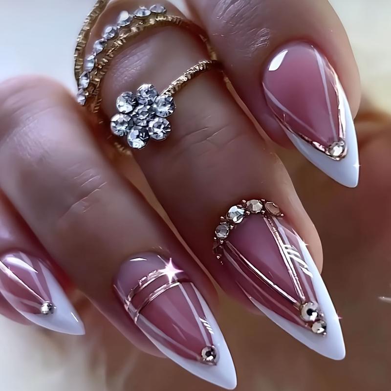Cross-Border Hot-Selling Nail Tips with Glitter Diamonds Collection European and American Hot Girl Style White French Flower Long Wearable Nails Wholesale
