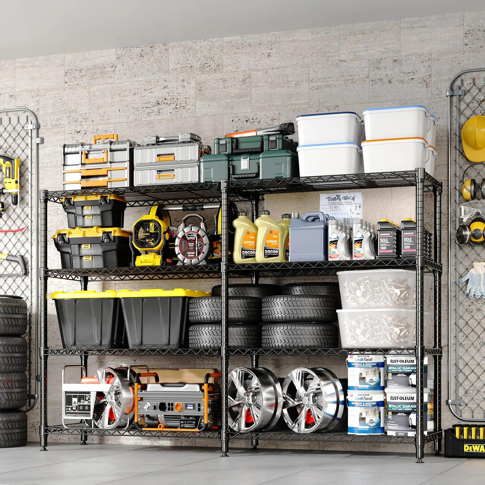 Garvee Heavy Duty 4-Tier Metal Storage Rack – Adjustable Freestanding Wire Shelving for Garage, Kitchen, Pantry, Basement – 1060 lbs Capacity – 71"W x 15.8"D x 70.5"H, Black