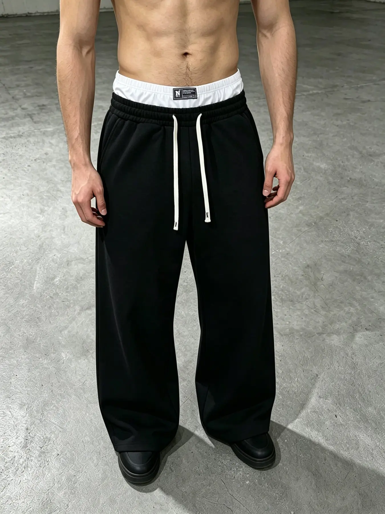 Fake Two-Piece Colorblock Waist Wide Leg Sweatpants, Clean Fit Drop-Waist Loose Casual Long Pants, Comfortable Streetwear Bottoms, Athletic Casual Pants