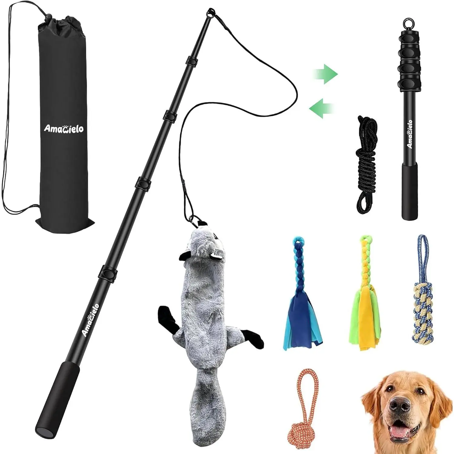 Flirt Pole Interactive Tug-of-war Dog Toy, Five-Section Retractable Adjustable Length for Outdoor Exercise & Training for Small Medium Large Dogs