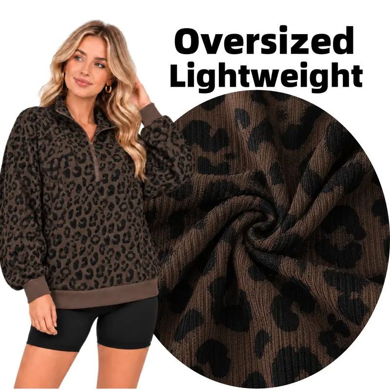 Women's Lightweight Oversized Vintage Leopard Print Quarter-Zip Stand-Collar Long-Sleeve Loose Cozy Dark Brown Top, Chic Tops for Fall Y2K Streetwear Clothing Cute Trendy Clothes Outerwear