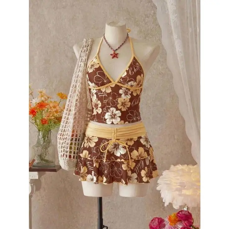 Kawaii Japanese Women 3 Piece Swimwear Y2K Sweet Printed Ruffle Lolita Bikini Crop Top Skirt Suit Beach Holiday Outfit
