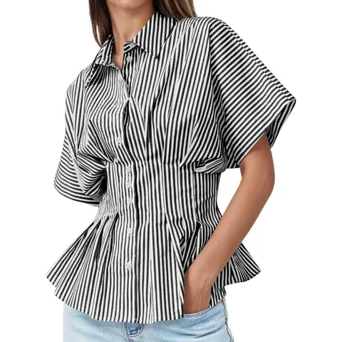 TANKANEO Women's Striped Peplum Button-Down Shirts - Short-Sleeve Batwing, Fitted Waist, Pleated Polyester, Chic Casual, Business Casual Work Tops