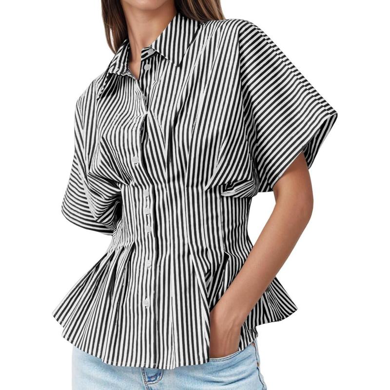 TANKANEO Women's Striped Peplum Button-Down Shirts - Short-Sleeve Batwing, Fitted Waist, Pleated Polyester, Chic Casual, Business Casual Work Tops