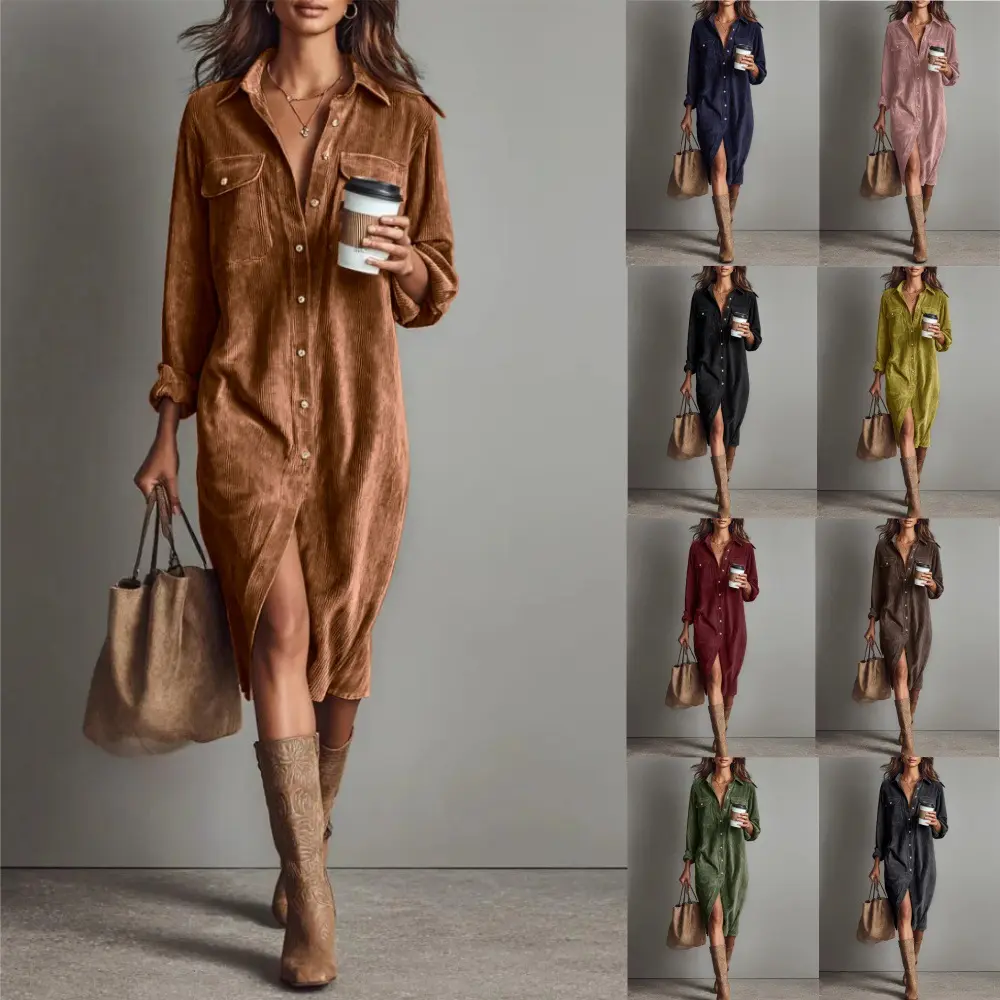 Women's Corduroy Shirt Dress Long Sleeve Button Down Midi Maxi Dress Casual Loose Lapel Collar Blouse Tunic Fall Winter Solid Color Vintage Shacket Top Trendy Everyday Holiday Outfit 2026 New Arrival Aesthetic Streetwear Fashion