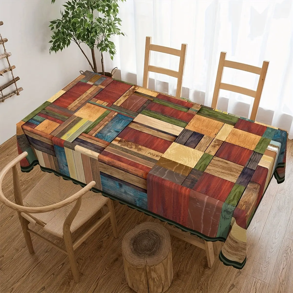 Retro patchwork wood-grain pattern printed lace tablecloth, water-resistant and stain-resistant, reusable square tablecloth, suitable for decoration in living rooms, dining rooms and hotels