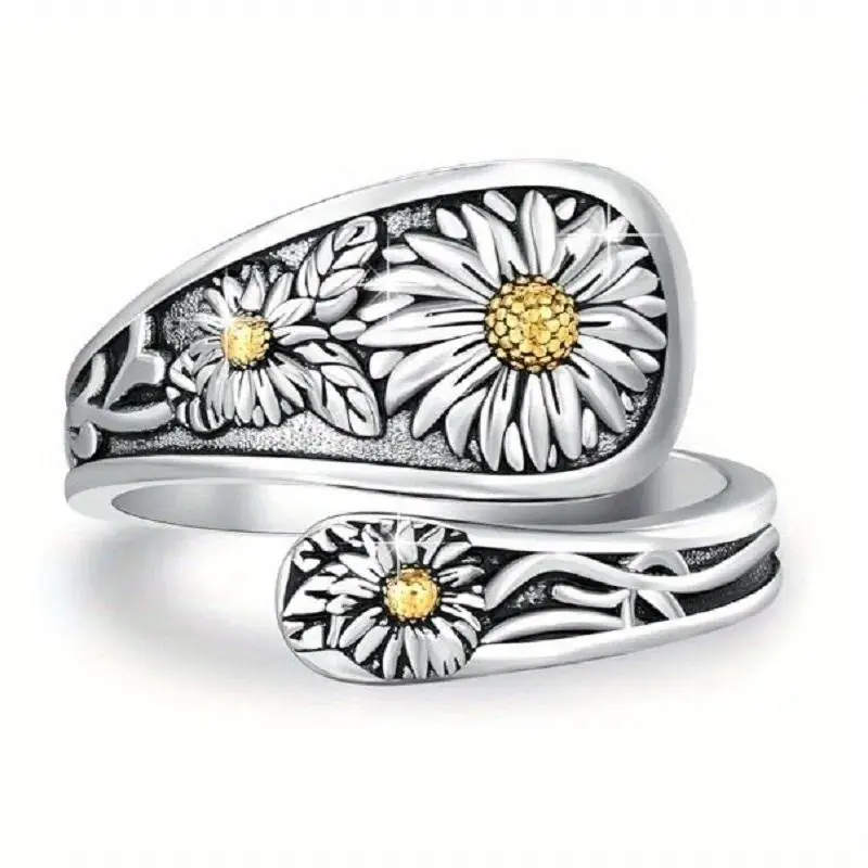 Vintage Bohemian Daisy Flower Ring for Women, Retro Silver Statement Jewelry, Adjustable Open-Band Party Ring, Engagement Rings