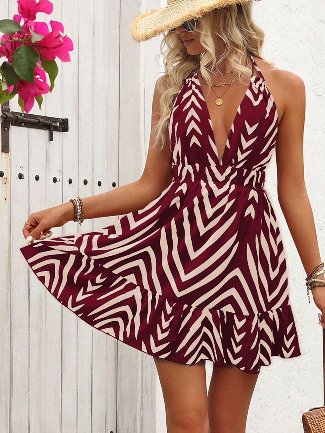 Women's Chevron Print Tie Back Dress, Fashion Casual Halter Neck Sleeveless A Line Dress for Daily Outdoor Wear, Dresses for Women, Women Dress for Summer, Casual Chic Sleeveless Womenswear