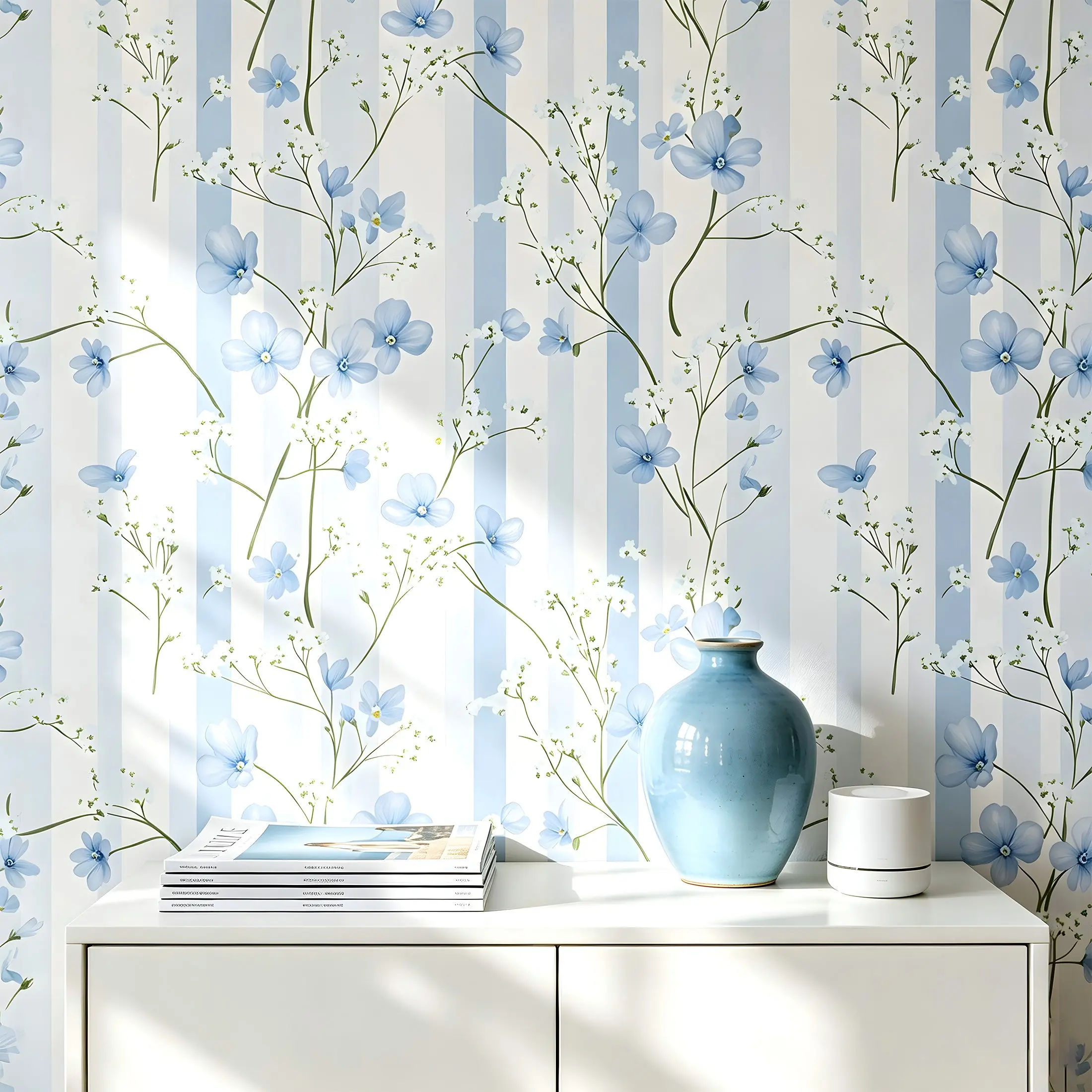 Light Blue Vertical Stripes Floral Self-Adhesive Wallpaper, Waterproof Removable Wall Sticker, 44.5cm Wide, Bedroom Living Room Bathroom Decor