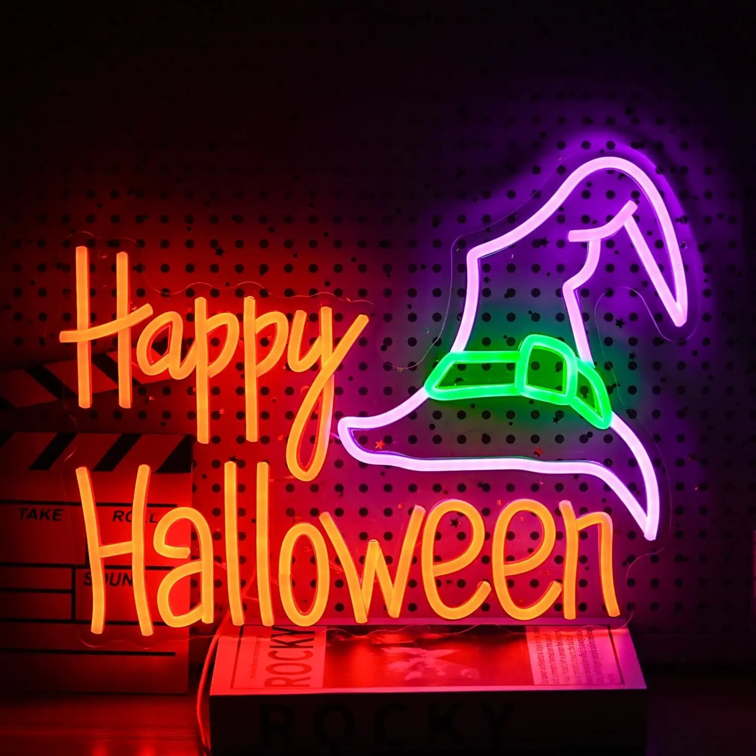 Happy Halloween Wizard Hat Neon Light, USB Powered Adjustable LED Wall Mount, Creative Glow Decor for Bedroom, Party, Shop, Festival