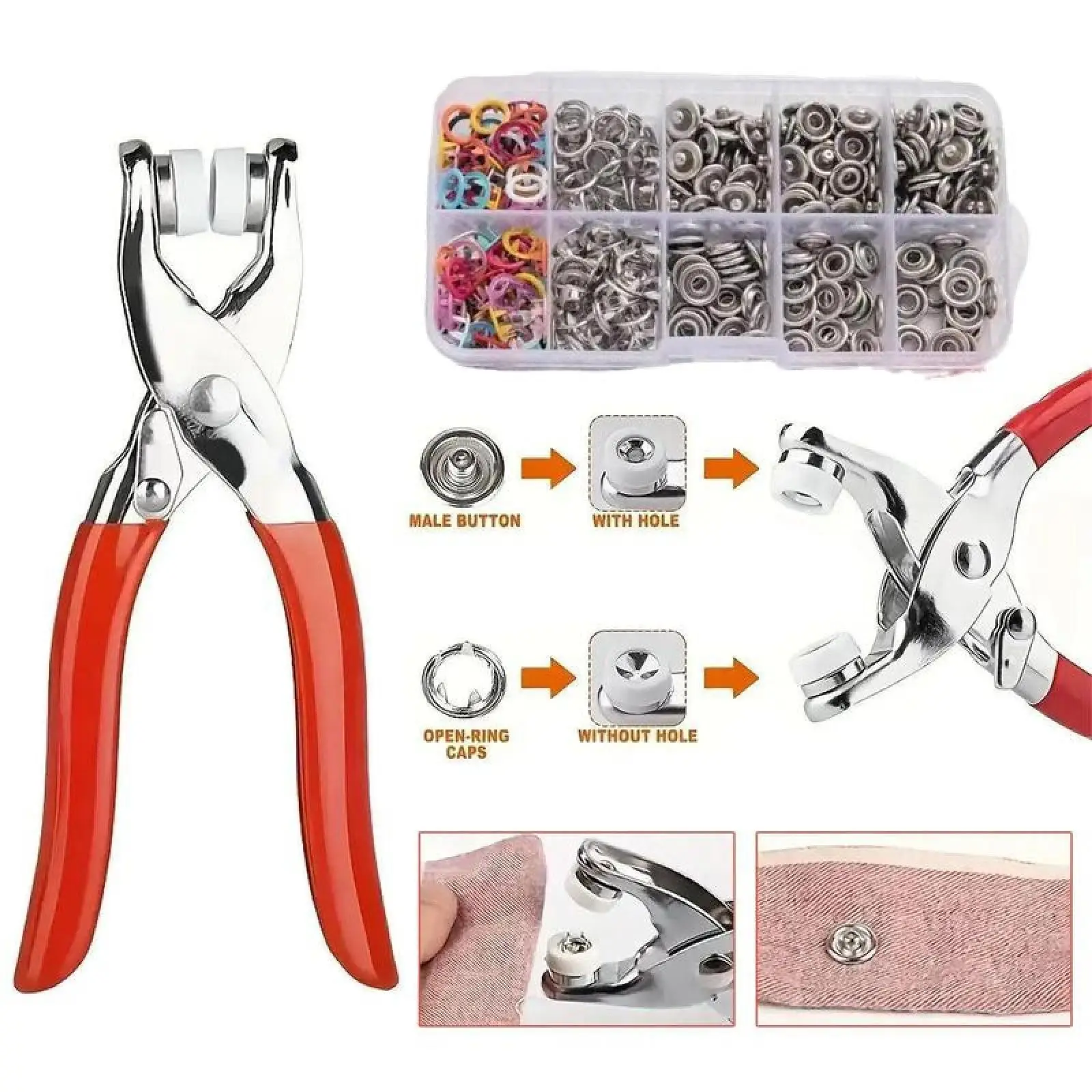 Home-use no-sew button kit: colorful invisible snaps + installation pliers; ideal for repairing old clothes, customizing hats, and  fabric crafting.