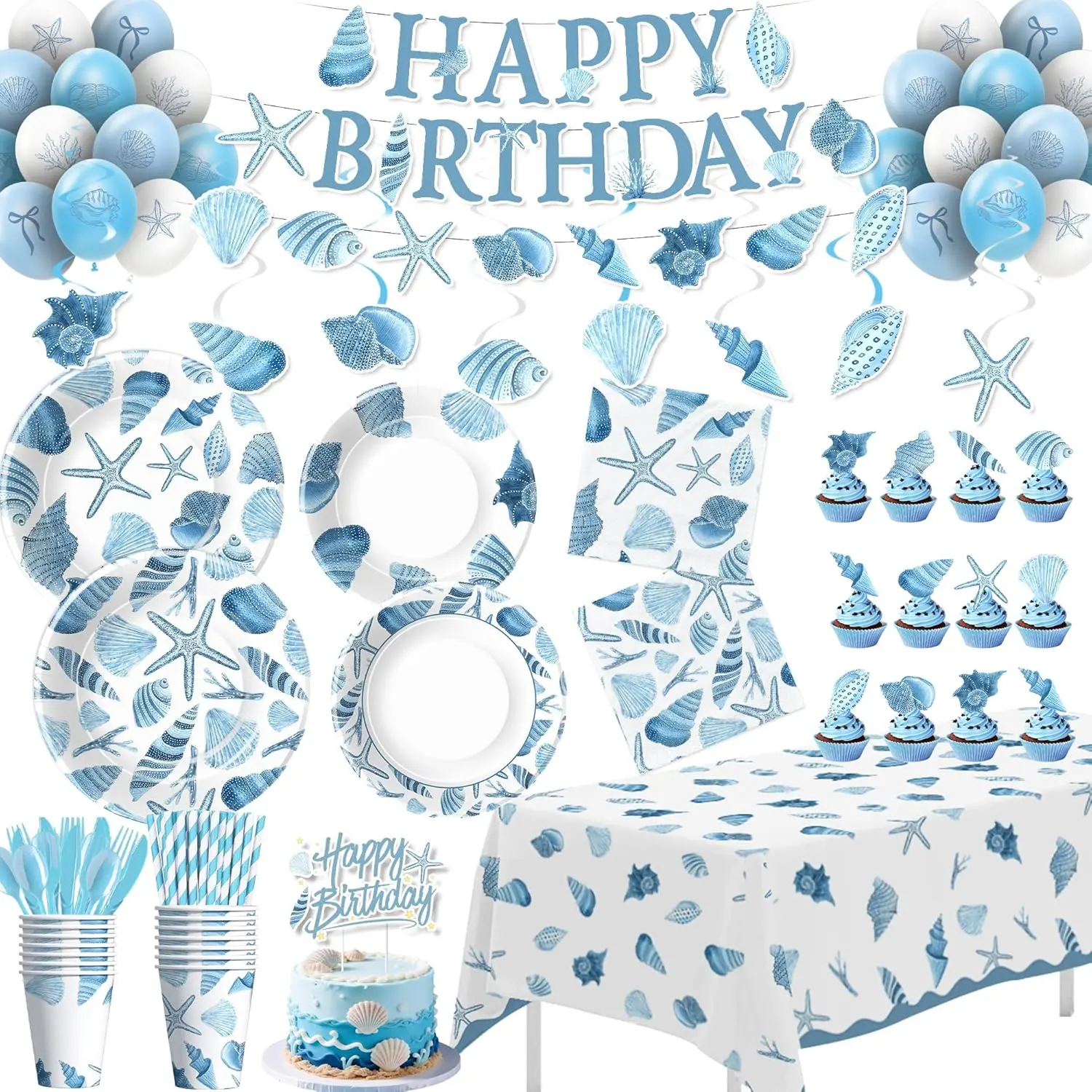 Ocean Seashell Birthday Decorations, Blue Sea Shell Party Supplies for Beach Summer Pretty Birthday Baby Shower, Plate, Cup, Napkin, Tablecloth, Banner, Balloon, Swirl, Topper, Cutlery, Serve 24