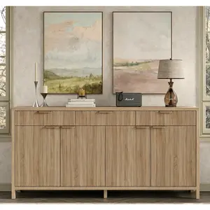 W Fluted Buffet Cabinet, [Shipping by 2 Packages], Sideboard Storage Cabinet with 3 Drawers & 2 Cabinets, Mid-Century Coffee Bar Table for Living Room, Dinning Room, Natural,SummerVibe