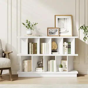 Walnut & White Modern 8-Cube Geometric Bookshelf, Low Bookcase with 10 Removable Back Panels, Easy Assembly Multi-Purpose Storage Display Rack for Living Room Bedroom Home Office