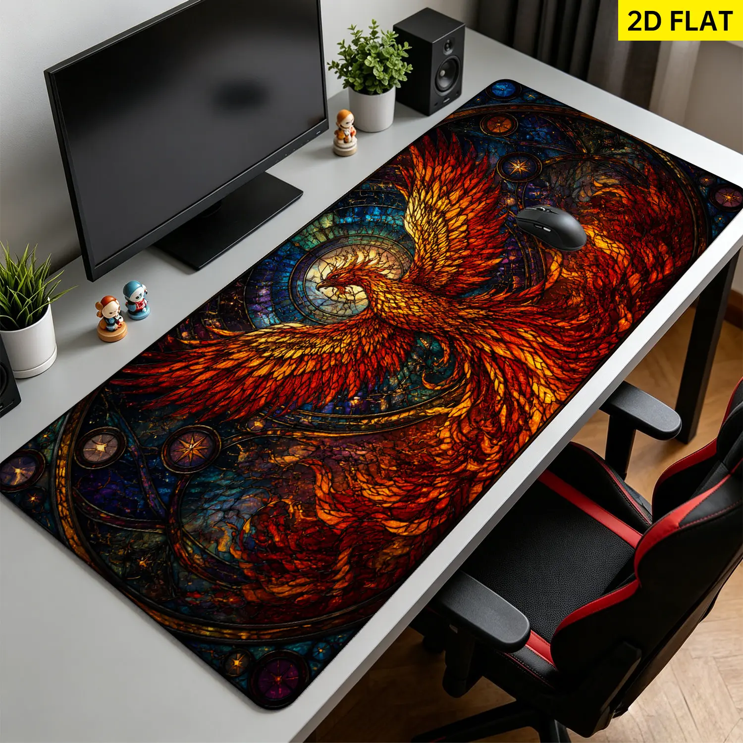 Extra Large stained glass phoenix art Mouse Pad,Non Slip Rubber Pad,Desktop Decoration Drotection Pad,Washable,Lock Edge Multi Size,Premium Multipurpose Mousepad For Home,Office,Gift for Family and Friends