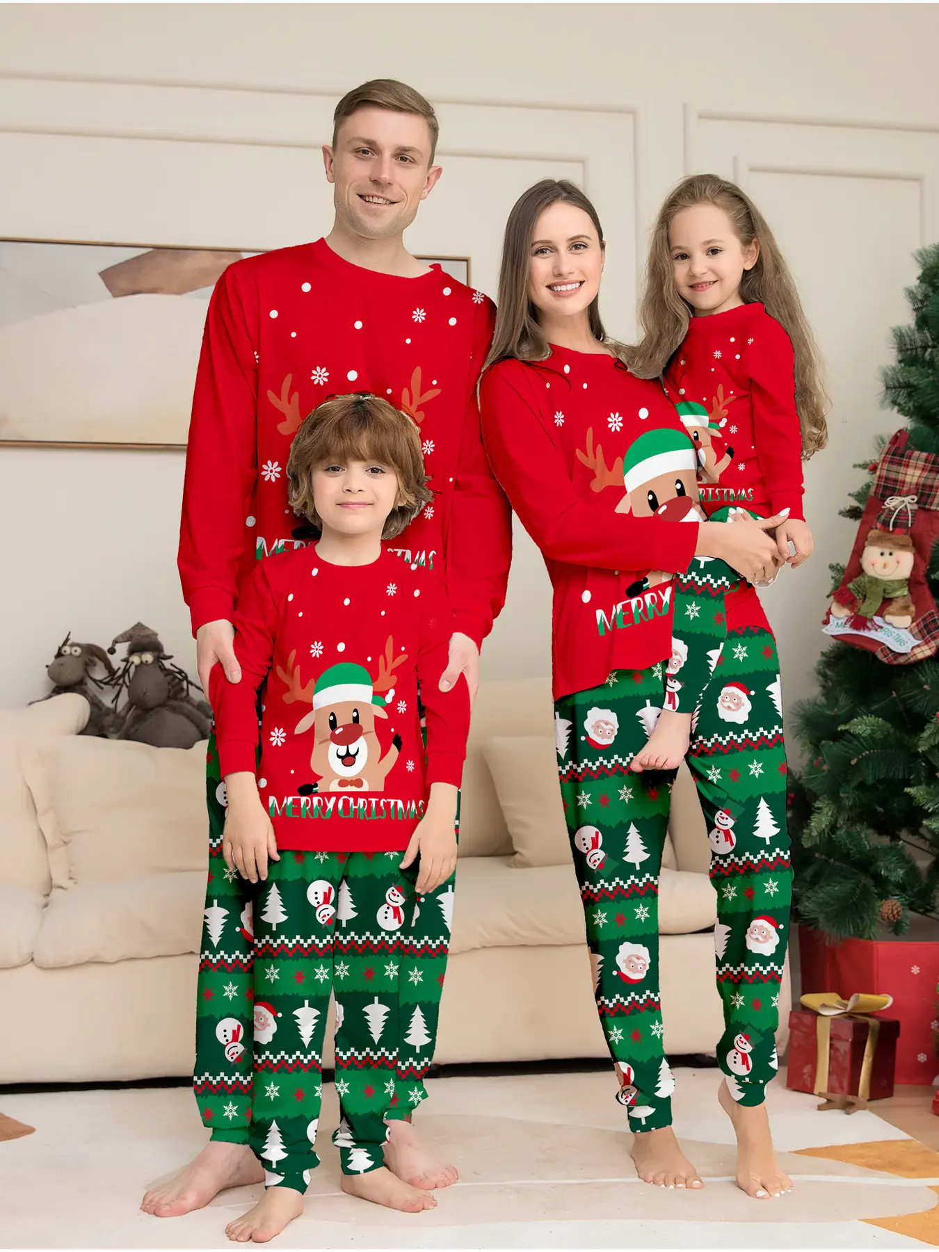 Family Matching Christmas Pajamas Set for 4, Santa & Tree Print Two-piece Loungewear with Red Trim, Soft Breathable Knit, Perfect for Xmas Photos, Party & Daily Sleep