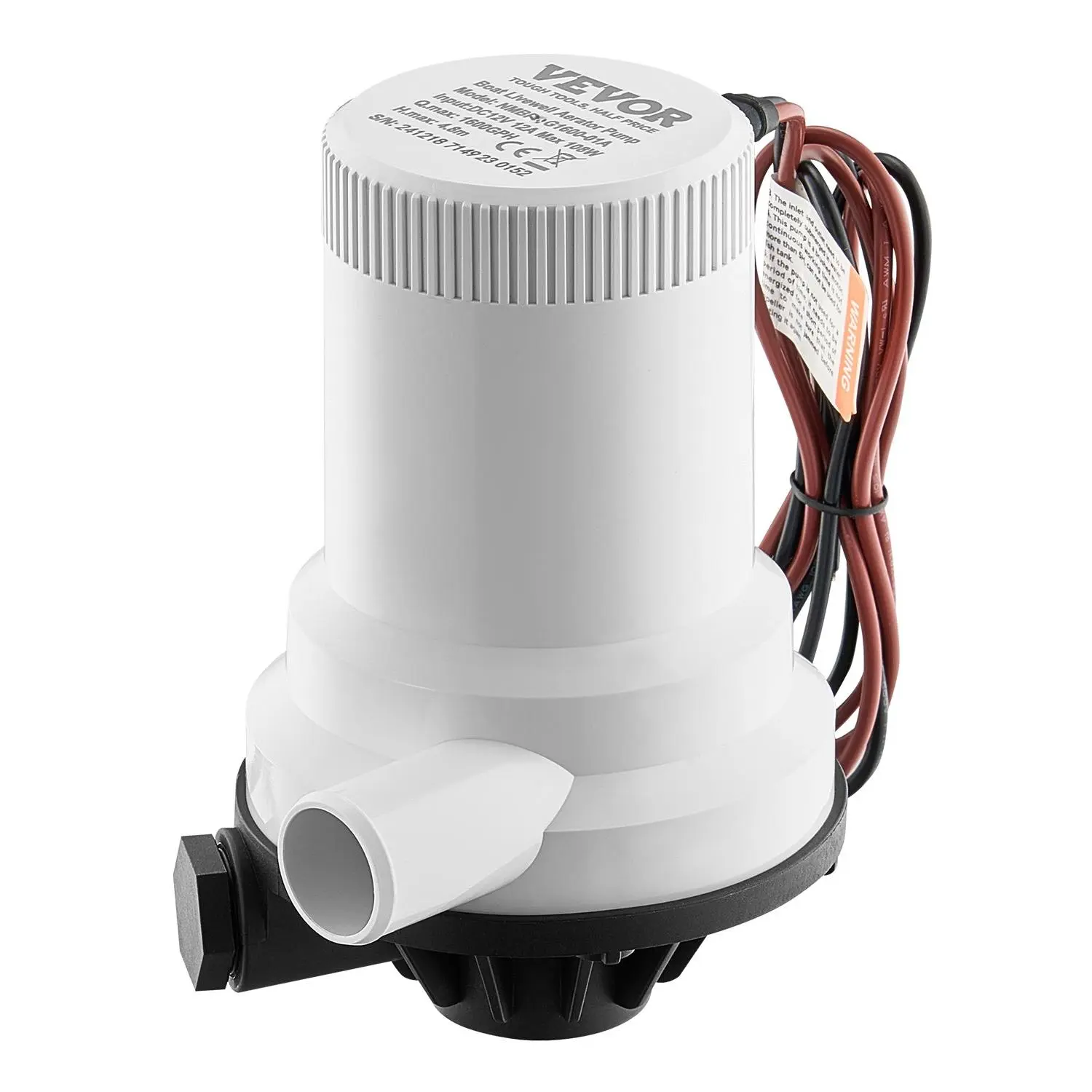 VEVOR Livewell Pump for Boat, 12V 1600 GPH Straight Livewell Aerator Pump with Dual Inlet, ABA Housing Detachable Motor Cartridge, Corrosion-Resistant Livewell/Baitwell Pump for Freshwater Saltwater