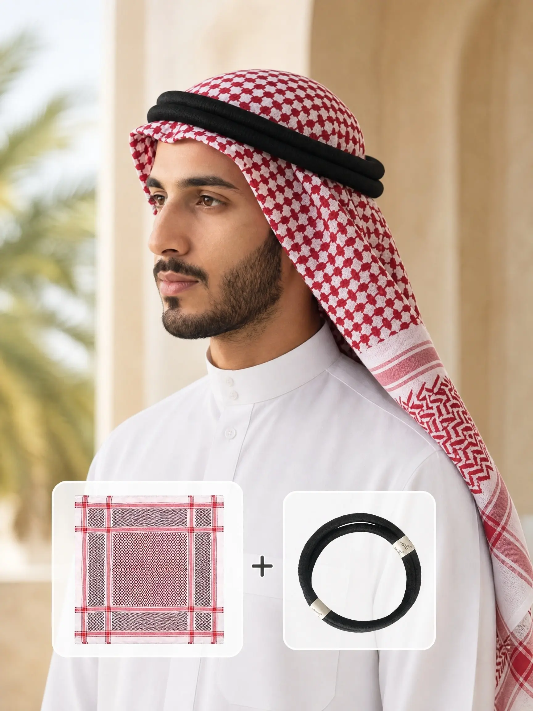 Soft Comfortable Jacquard Headscarf + Hair Tie, Lightweight Breathable, Suitable for Summer Autumn, Men's Traditional Arab Headscarf
