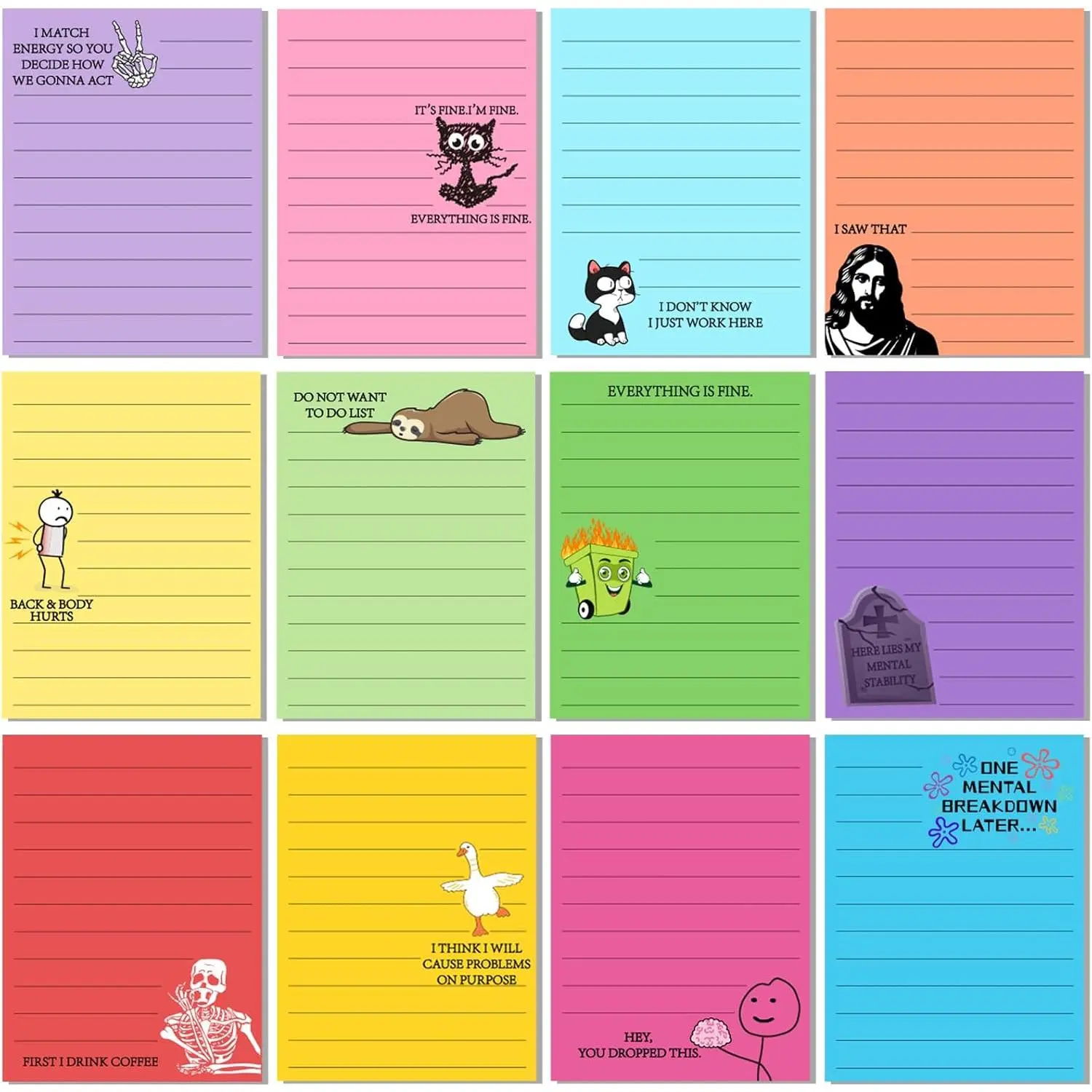 12 count Funny Sticky Notes for Work 4x3 Inches Sarcastic Self Adhesive Notepads Novelty Memo Pads for Office Coworker Gifts Employee Appreciation Supplies(Funny-Lines,Multi Color)