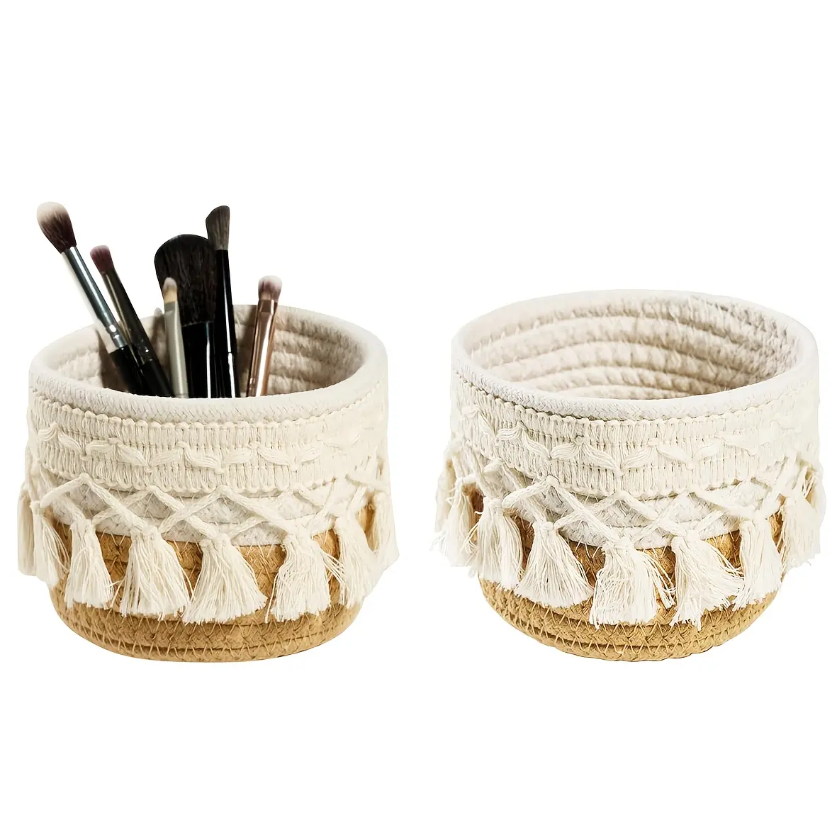 2pcs Tassel Makeup Brush Holder Organizer, Mini Cosmetic Container, Bohemian Small Round Storage Basket, 4.7" X 3.9" Tassel Decorative Pen Holder for Desktop Storage and Decoration, Shelf Baskets